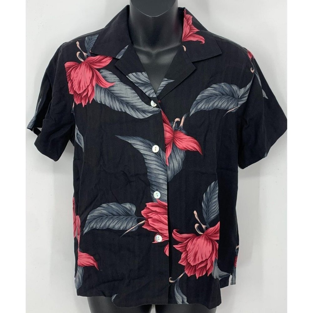 Banana Bay Shirt Small S Black Floral Short Sleeve Collared Hawaiian Women New